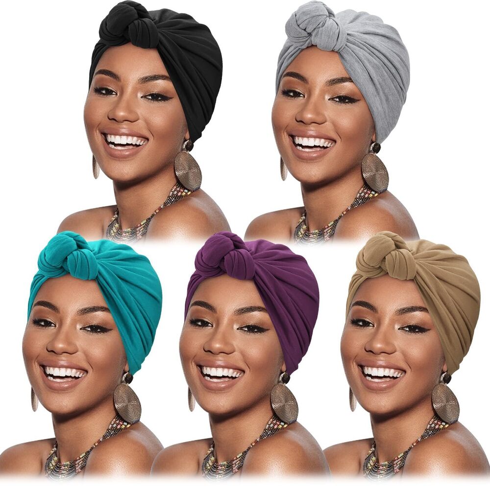 2034 5 Pack Knotted Headwraps African Turban Pre-Knotted Beanie Headwraps